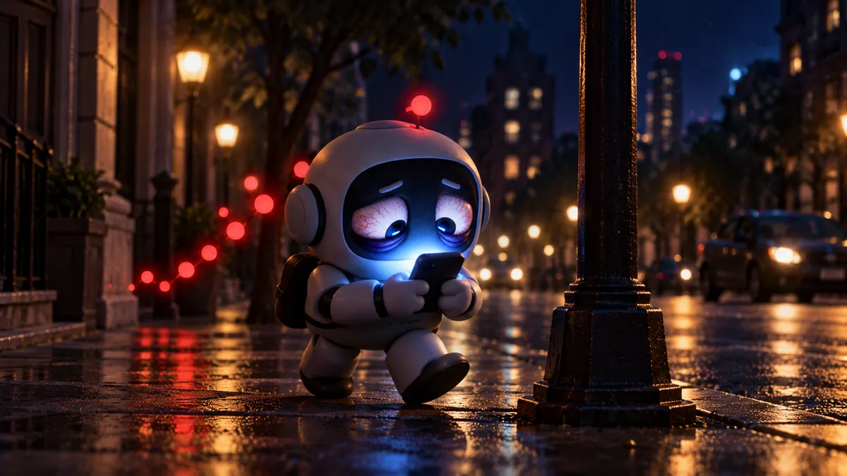 Agent Doomscroller walking into a lamp post